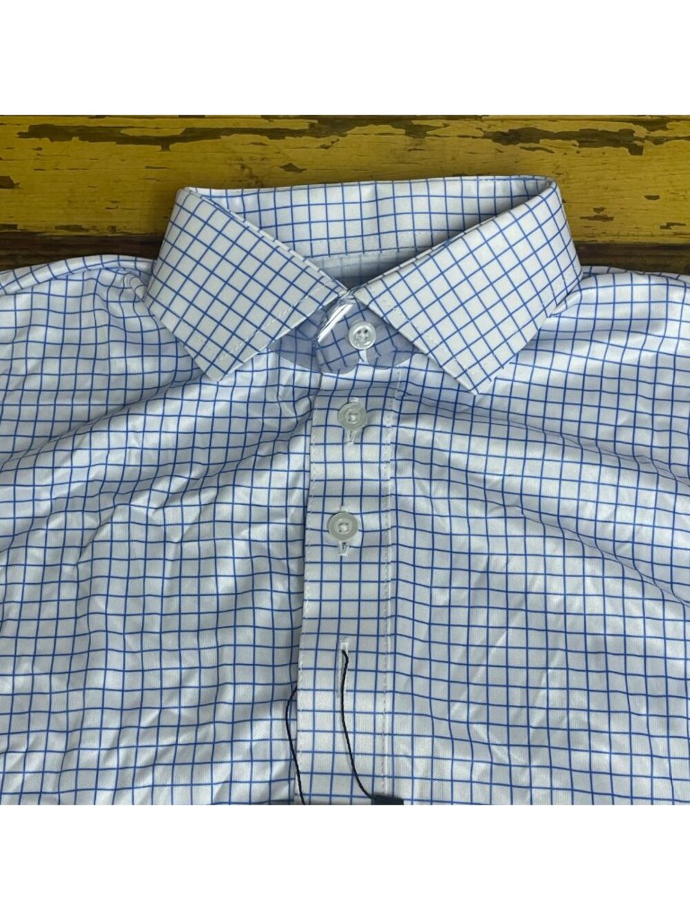 Collars & Co Semi-Spread Collar Polo Short Sleeve Sz SM Thin Blue Check